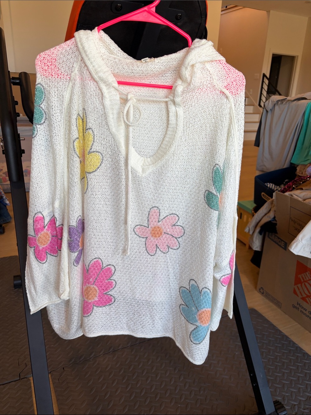 POL White Hooded Knit Sweater with Colorful Floral Prints